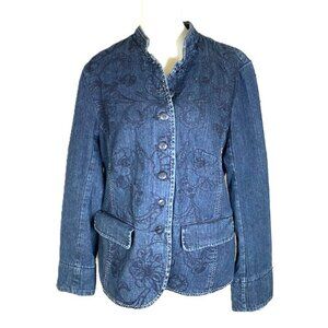Coldwater Creek Denim Embroidered Jacket Women’s Sz 16 Band Collar Button front